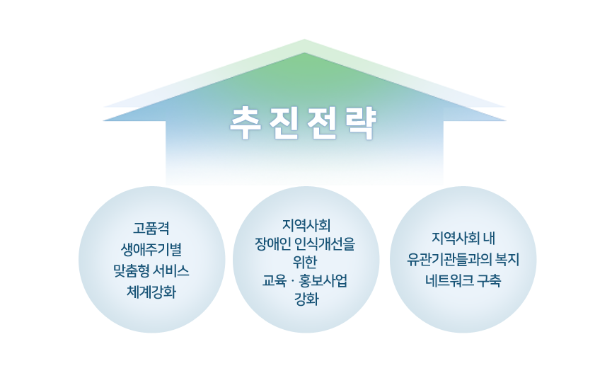 추진전략고품격 생애주기별 맞춤형 서비스 체계 강화,지역사회 장애인식개선을 위한 교육·홍보사업 강화,지역사회 내 유관기관들과의 복지네트워크 구축