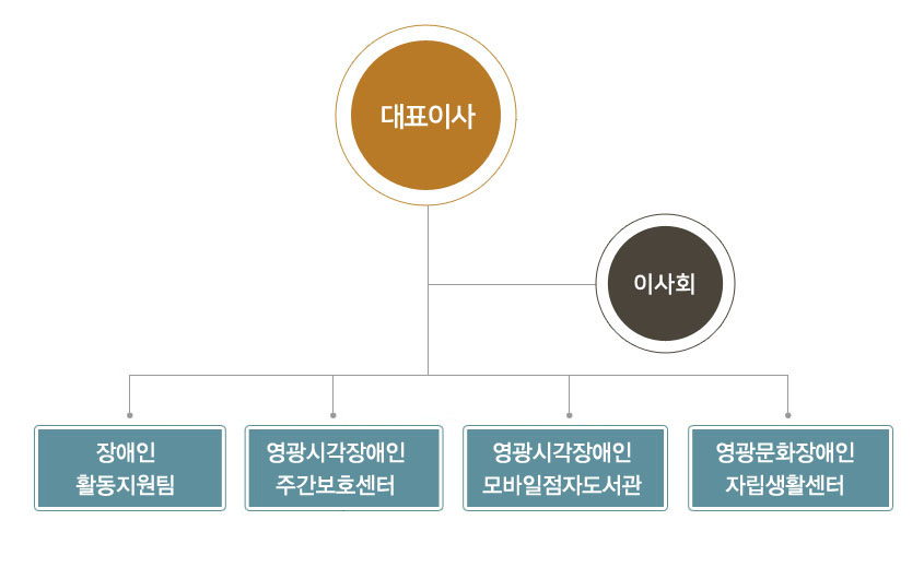 대표이사,이사회, 장애인활동지원팀,영광시각장애인주간보호센터,영광시각장애인모바일점자도서관,영광문화장애인자립생활센터